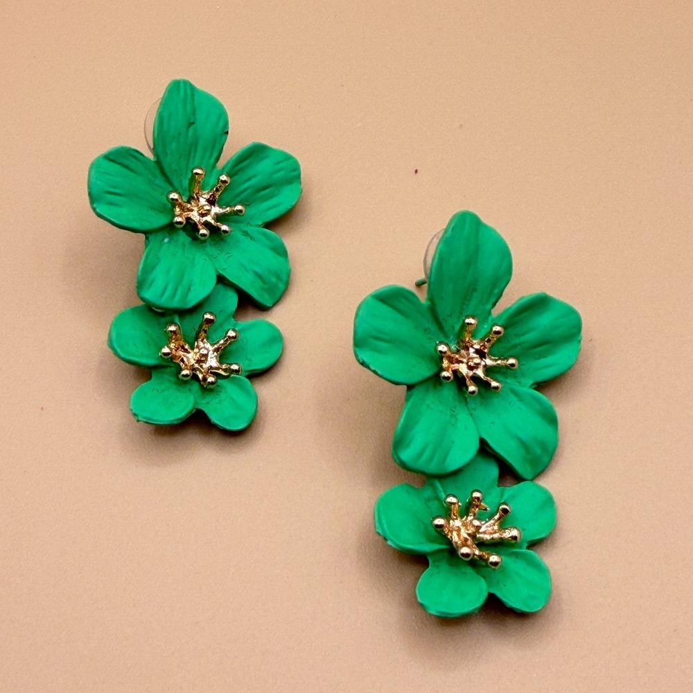 Green Floral Dangle Earrings Gold Tone Flower Cottagecore Statement Boho Gift